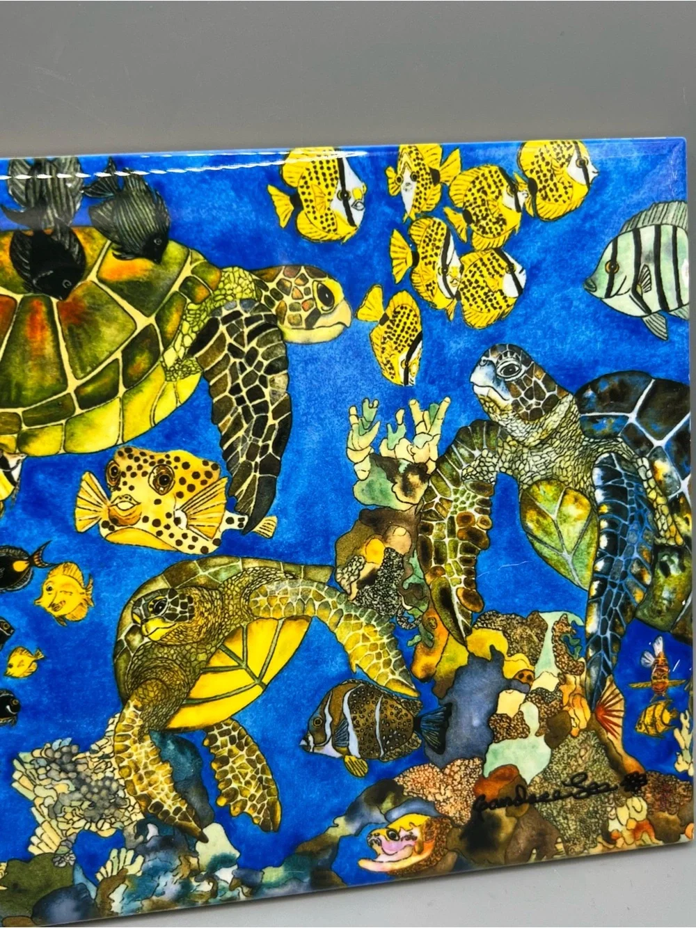 RARE CANDACE LEE Set 2 Ceramic/Cork Tiles Visions of the Tropics Turtles Hawaii